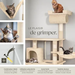 Arbre à chat griffoir escalade 141 cm et système de sécurité beige