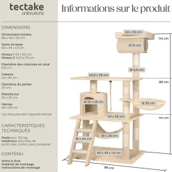 Arbre à chat griffoir escalade 141 cm et système de sécurité beige