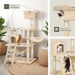 Arbre à chat griffoir escalade 141 cm et système de sécurité beige