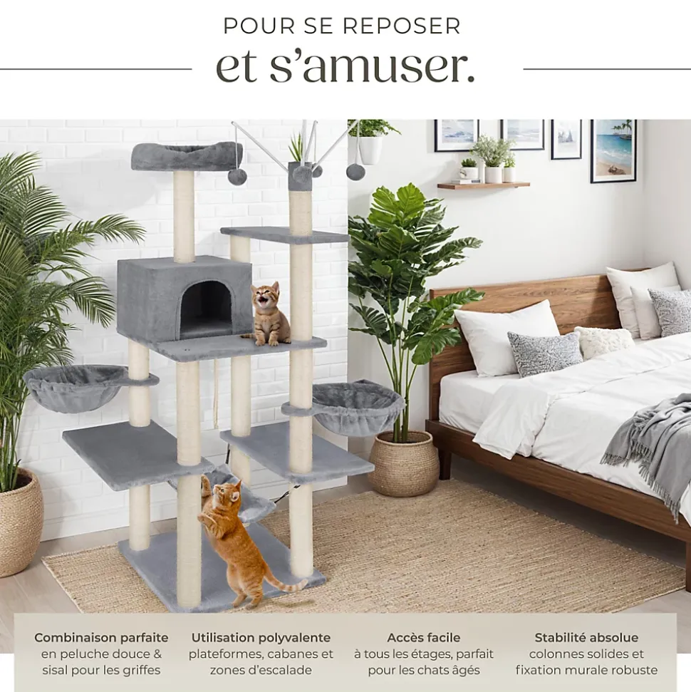 Arbre à chat griffoir escalade 165 cm avec corde en sisal gris