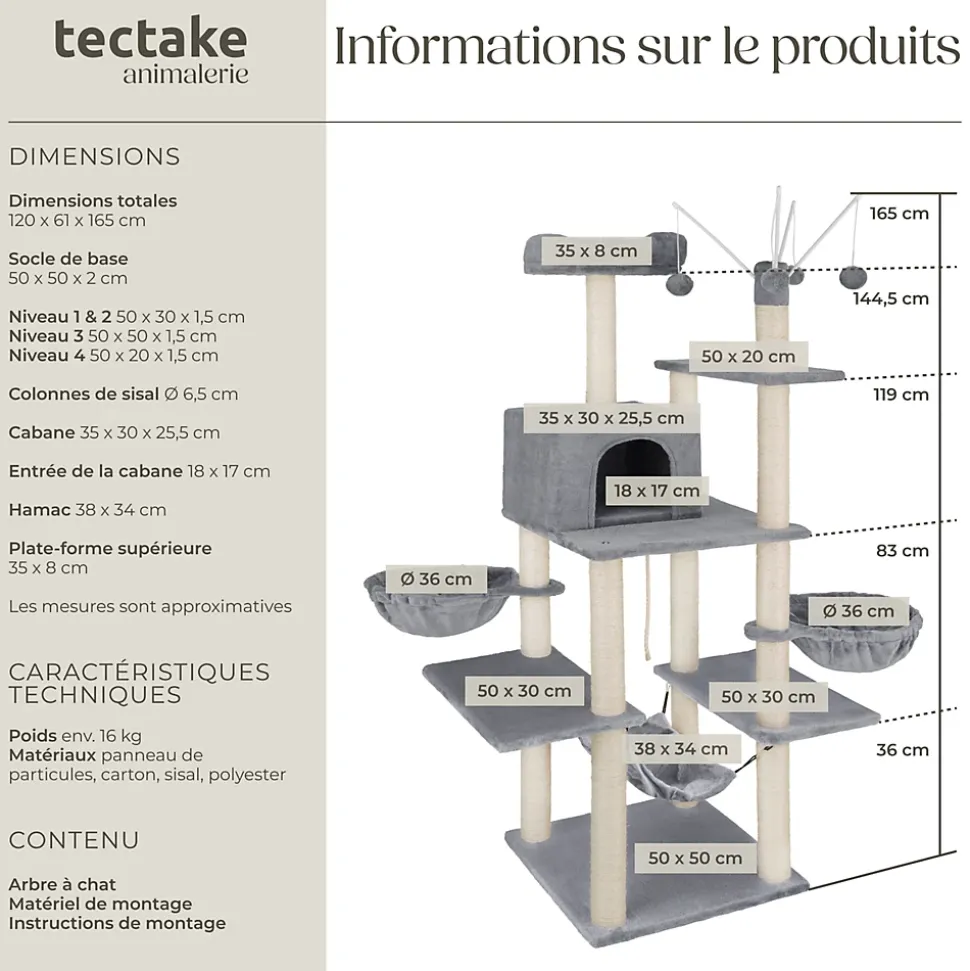 Arbre à chat griffoir escalade 165 cm avec corde en sisal gris