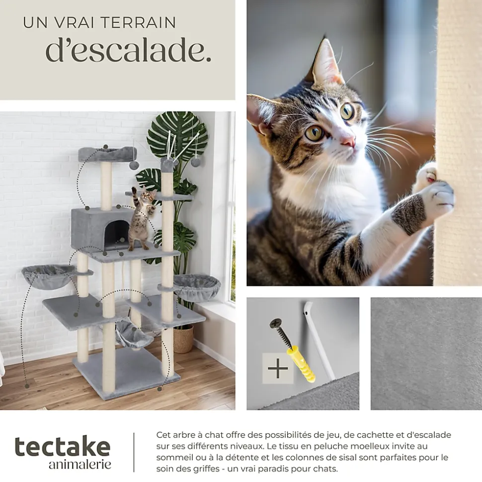 Arbre à chat griffoir escalade 165 cm avec corde en sisal gris