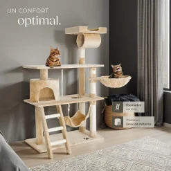Arbre à chat griffoir escalade 141 cm avec système de sécurité beige