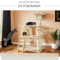 Arbre à chat griffoir escalade 141 cm avec système de sécurité beige