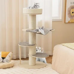 Arbre à Chat Multi Niveaux 120cm Grands Griffoirs en Sisal Perchoir Rembourré 2 Plateformes de Saut Hamac Arbre à Chat en Bois