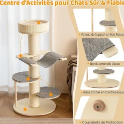 Arbre à Chat Multi Niveaux 120cm Grands Griffoirs en Sisal Perchoir Rembourré 2 Plateformes de Saut Hamac Arbre à Chat en Bois