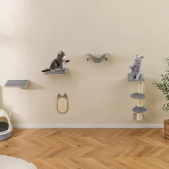 Arbre à Chat Mural, 4 Niveaux Griffoir en Sisal avec 3 Étagères,Hamac et 2 Plates,en Bois et Tissu,pour Salon,Charge 10kg