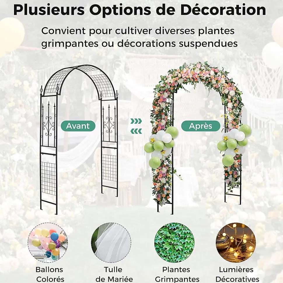 Arche de Jardin 234 CM avec Treillis, en Métal avec 4 Piquets de Fixation, pour Plantes Grimpantes, Mariage,143 x 40 x 234CM