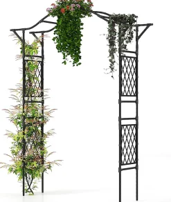 Arche de Jardin 210 CM avec Treillis, en Métal pour Plantes,Plantes Vignes, Décoration de Fête Mariage (Noir,170 x 39 x 210 cm)