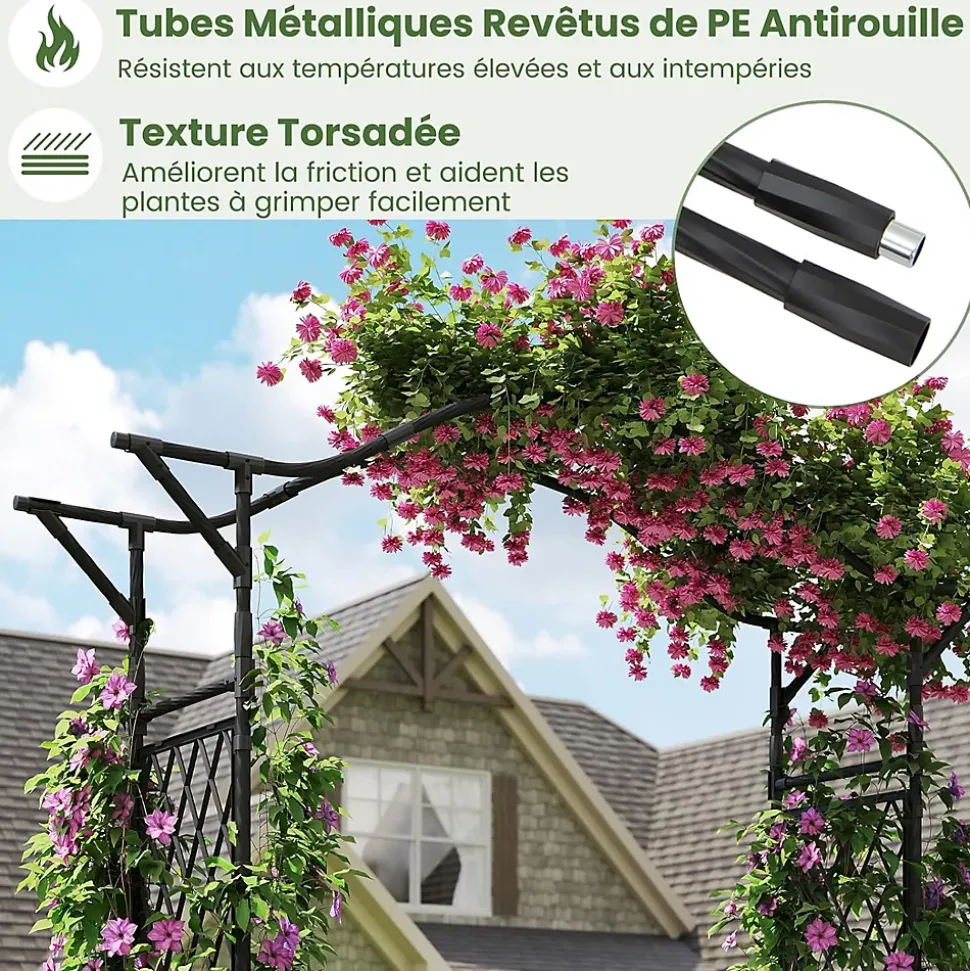 Arche de Jardin 210 CM avec Treillis, en Métal pour Plantes,Plantes Vignes, Décoration de Fête Mariage (Noir,170 x 39 x 210 cm)