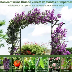 Arche de Jardin 210 CM avec Treillis, en Métal pour Plantes,Plantes Vignes, Décoration de Fête Mariage (Noir,170 x 39 x 210 cm)