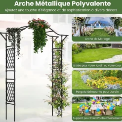 Arche de Jardin 210 CM avec Treillis, en Métal pour Plantes,Plantes Vignes, Décoration de Fête Mariage (Noir,170 x 39 x 210 cm)