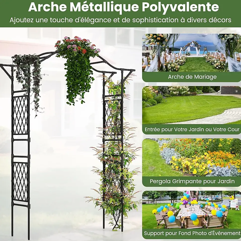 Arche de Jardin 210 CM avec Treillis, en Métal pour Plantes,Plantes Vignes, Décoration de Fête Mariage (Noir,170 x 39 x 210 cm)
