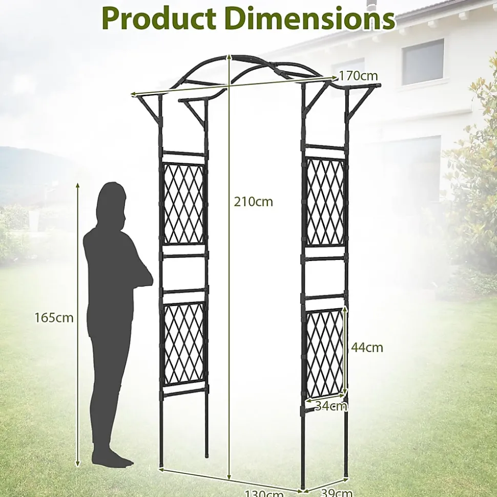 Arche de Jardin 210 CM avec Treillis, en Métal pour Plantes,Plantes Vignes, Décoration de Fête Mariage (Noir,170 x 39 x 210 cm)