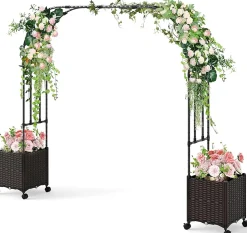 Arche de Jardin avec 2 Jardinières Surélevées, Roues Verrouillables,pour Plantes Fleurs Herbes Légumes Fruits (288x40x202CM)