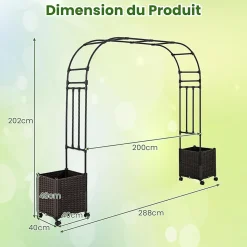 Arche de Jardin avec 2 Jardinières Surélevées, Roues Verrouillables,pour Plantes Fleurs Herbes Légumes Fruits (288x40x202CM)