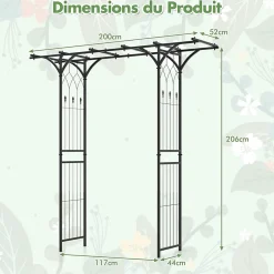 Arche de Jardin Fer 205 cm Arche de Jardin avec Treillis pour Plantes Grimpantes Vignes Roses Arche Décorative Extérieure