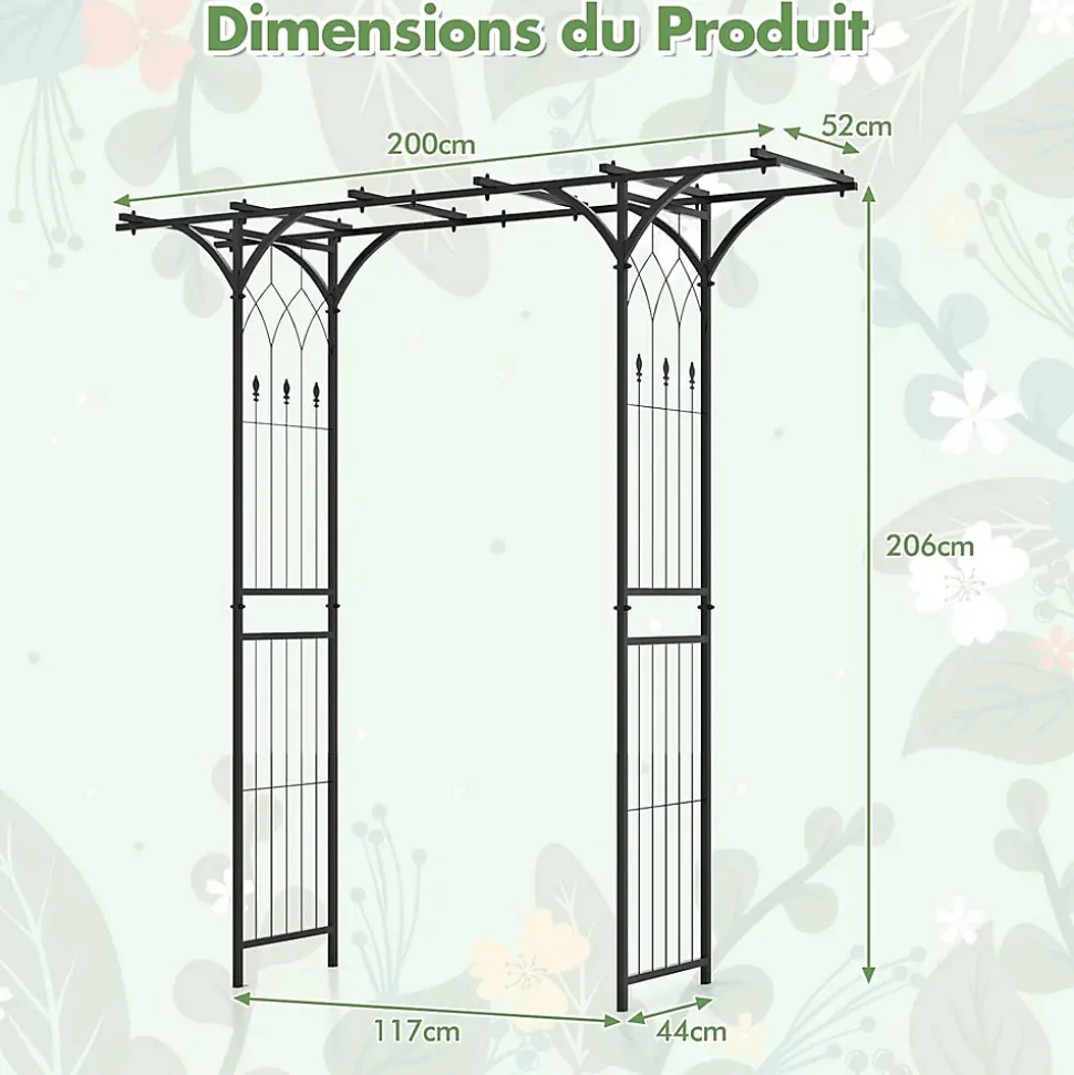 Arche de Jardin Fer 205 cm Arche de Jardin avec Treillis pour Plantes Grimpantes Vignes Roses Arche Décorative Extérieure