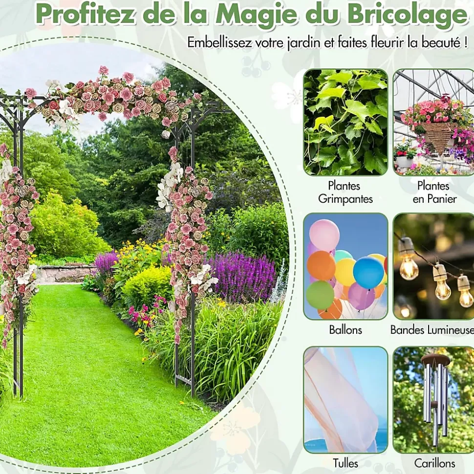 Arche de Jardin Fer 205 cm Arche de Jardin avec Treillis pour Plantes Grimpantes Vignes Roses Arche Décorative Extérieure