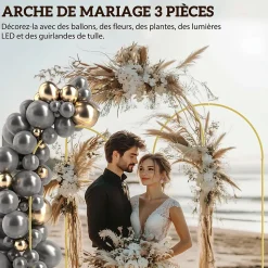 Arches décoratives - lot de 3 arches de mariage - arches de ballon - dim. 120L x 40l x 220H cm - métal doré
