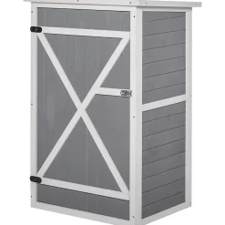 Armoire abri de jardin - grande porte verrouillable loquet - 2 étagères - toit bitumé incliné bois de sapin blanc gris