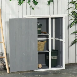 Armoire abri de jardin - grande porte verrouillable loquet - 2 étagères - toit bitumé incliné bois de sapin blanc gris