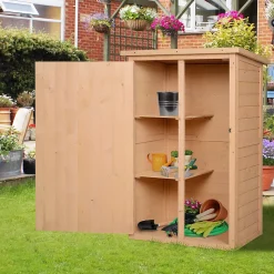 Armoire abri de jardin - grande porte verrouillable loquet - 2 étagères - toit bitumé incliné bois de sapin pré-huilé