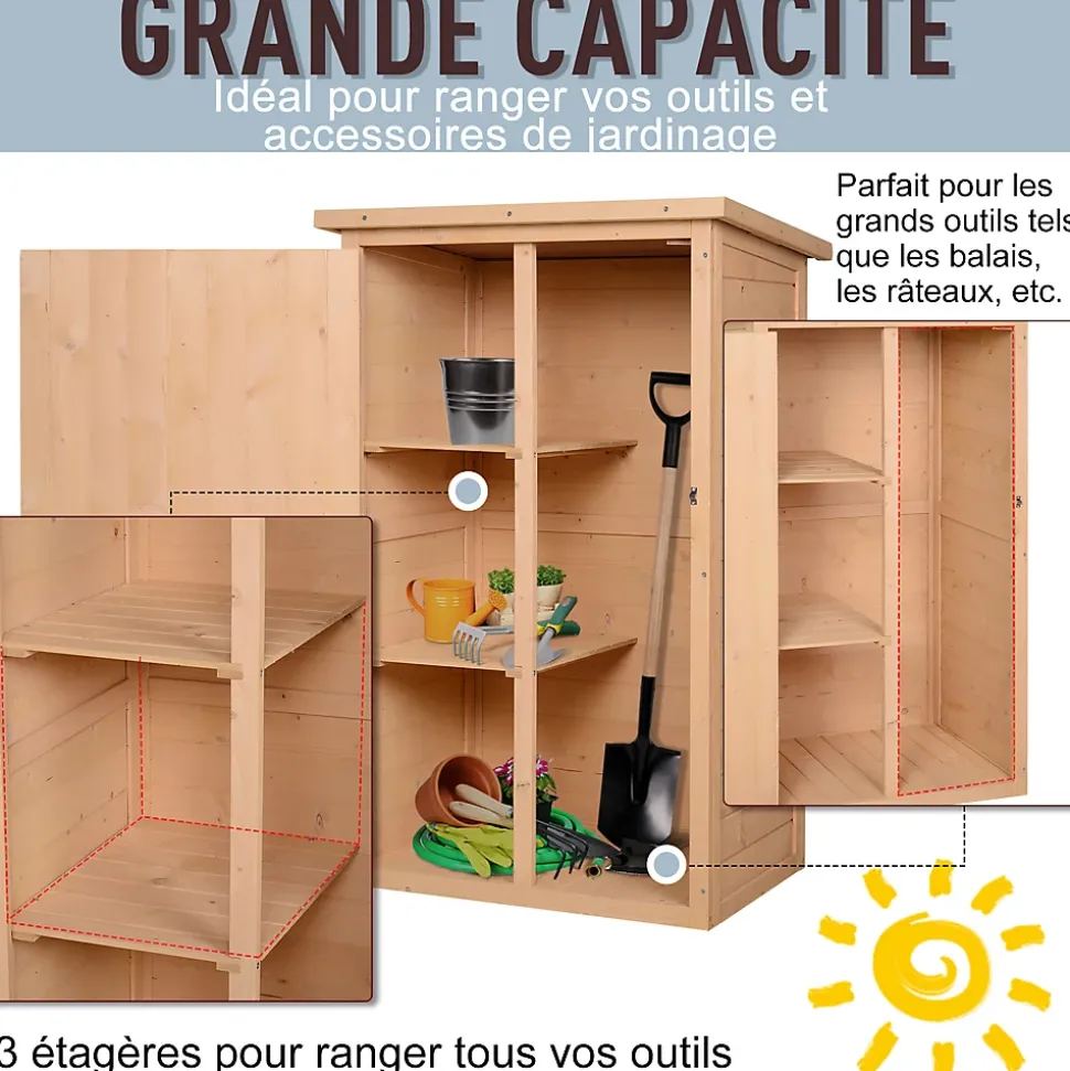 Armoire abri de jardin - grande porte verrouillable loquet - 2 étagères - toit bitumé incliné bois de sapin pré-huilé