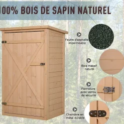 Armoire abri de jardin - grande porte verrouillable loquet - 2 étagères - toit bitumé incliné bois de sapin pré-huilé