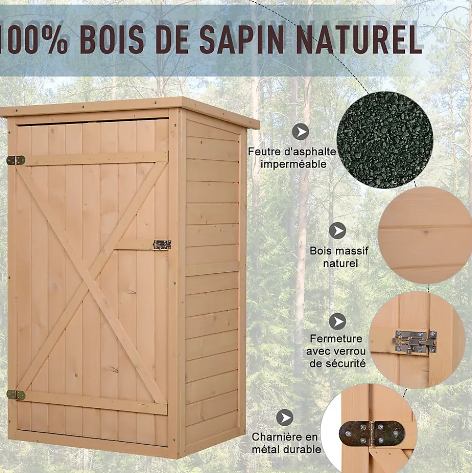 Armoire abri de jardin - grande porte verrouillable loquet - 2 étagères - toit bitumé incliné bois de sapin pré-huilé