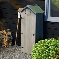 Armoire abri de jardin remise pour outils 3 étagères 2 portes loquets toit pente bitumé 77L x 54l x 179H cm sapin traité gris
