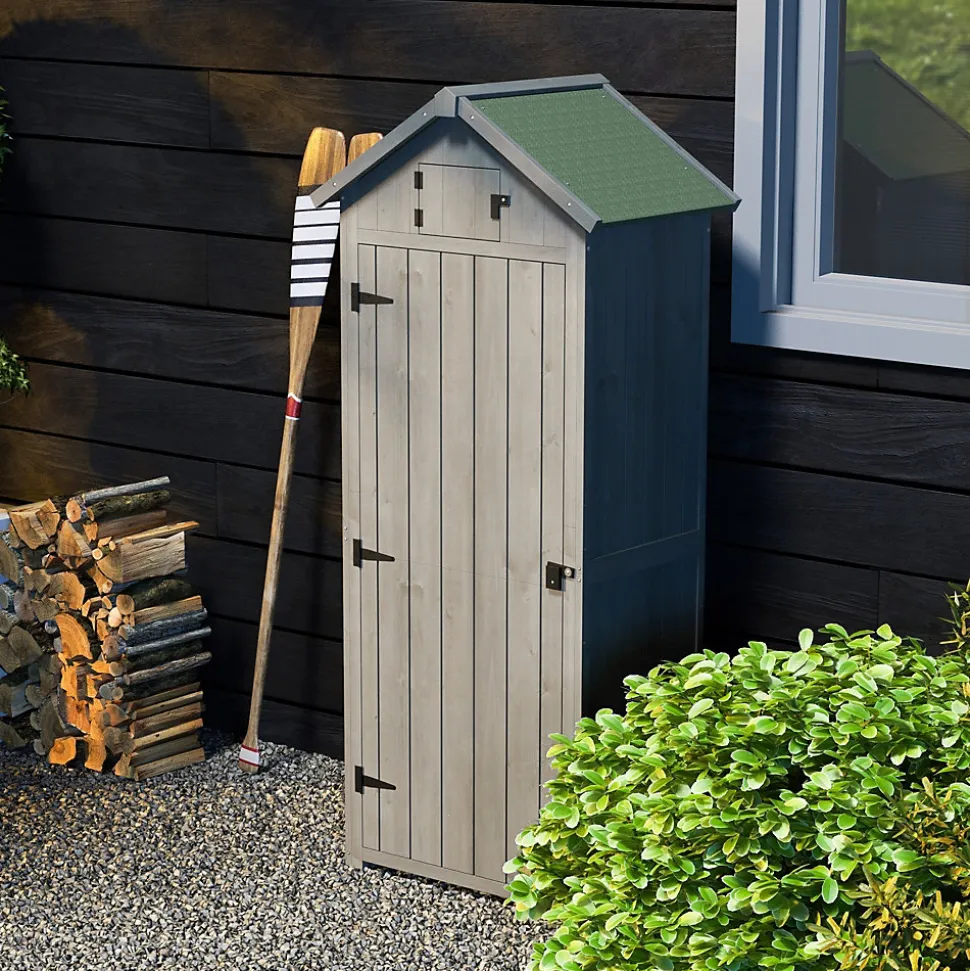 Armoire abri de jardin remise pour outils 3 étagères 2 portes loquets toit pente bitumé 77L x 54l x 179H cm sapin traité gris