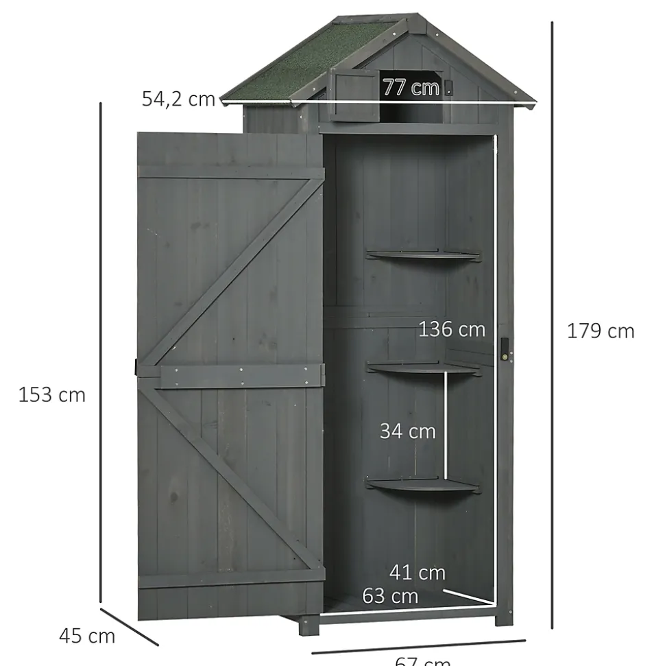 Armoire abri de jardin remise pour outils 3 étagères 2 portes loquets toit pente bitumé 77L x 54l x 179H cm sapin traité gris