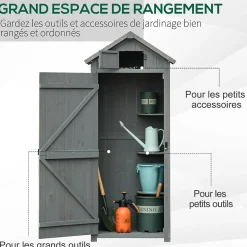 Armoire abri de jardin remise pour outils 3 étagères 2 portes loquets toit pente bitumé 77L x 54l x 179H cm sapin traité gris