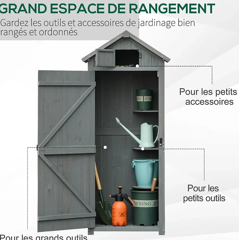 Armoire abri de jardin remise pour outils 3 étagères 2 portes loquets toit pente bitumé 77L x 54l x 179H cm sapin traité gris
