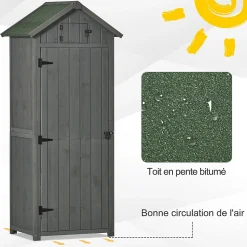 Armoire abri de jardin remise pour outils 3 étagères 2 portes loquets toit pente bitumé 77L x 54l x 179H cm sapin traité gris