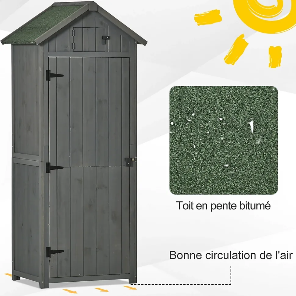 Armoire abri de jardin remise pour outils 3 étagères 2 portes loquets toit pente bitumé 77L x 54l x 179H cm sapin traité gris