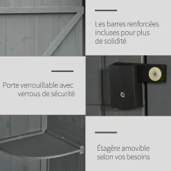 Armoire abri de jardin remise pour outils 3 étagères 2 portes loquets toit pente bitumé 77L x 54l x 179H cm sapin traité gris