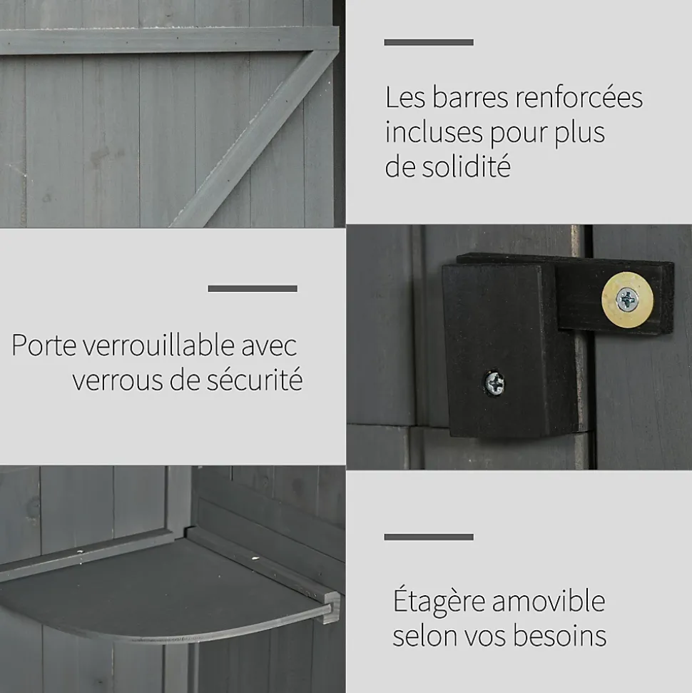 Armoire abri de jardin remise pour outils 3 étagères 2 portes loquets toit pente bitumé 77L x 54l x 179H cm sapin traité gris