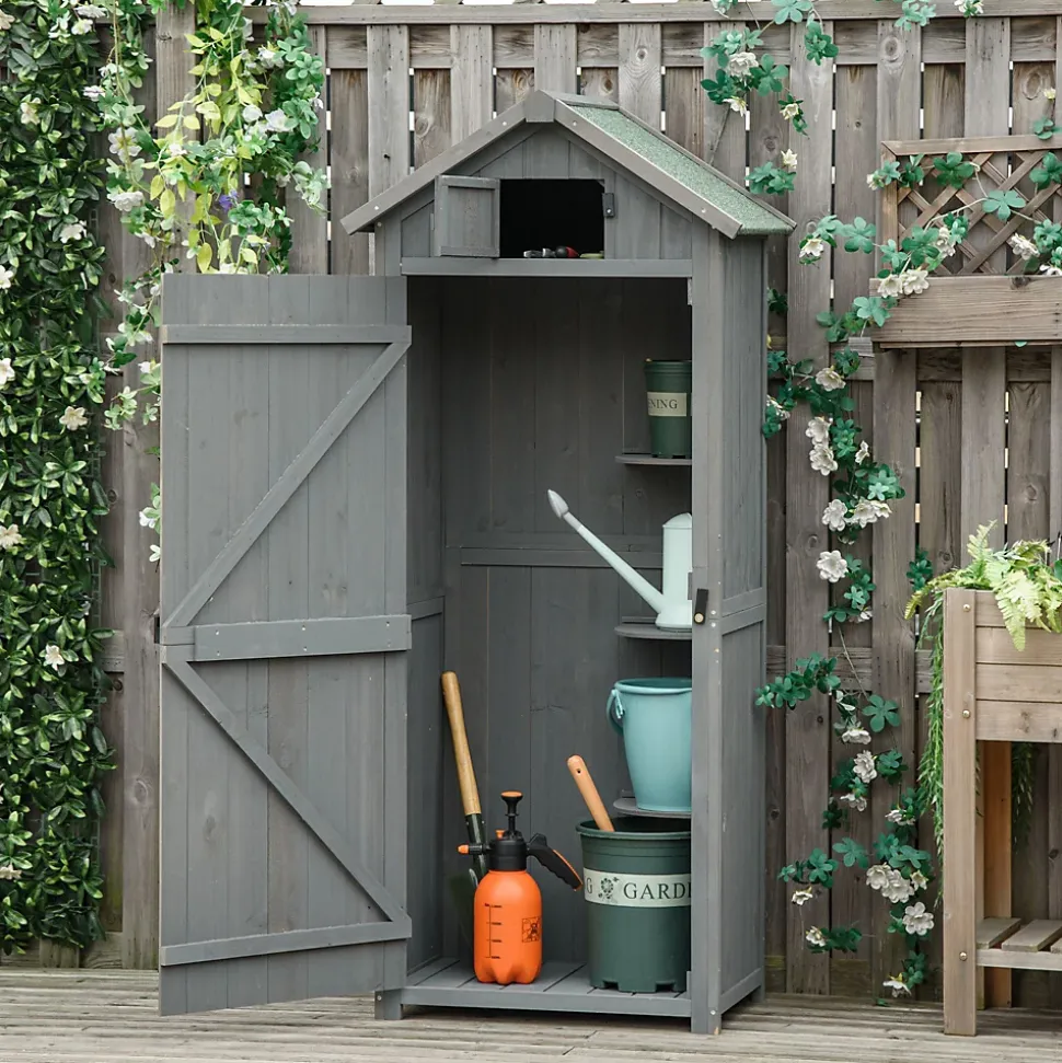 Armoire abri de jardin remise pour outils 3 étagères 2 portes loquets toit pente bitumé 77L x 54l x 179H cm sapin traité gris