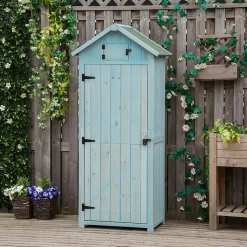 Armoire abri de jardin remise pour outils 3 étagères 2 portes loquets toit pente bitumé 77L x 54l x 179H cm sapin traité bleu