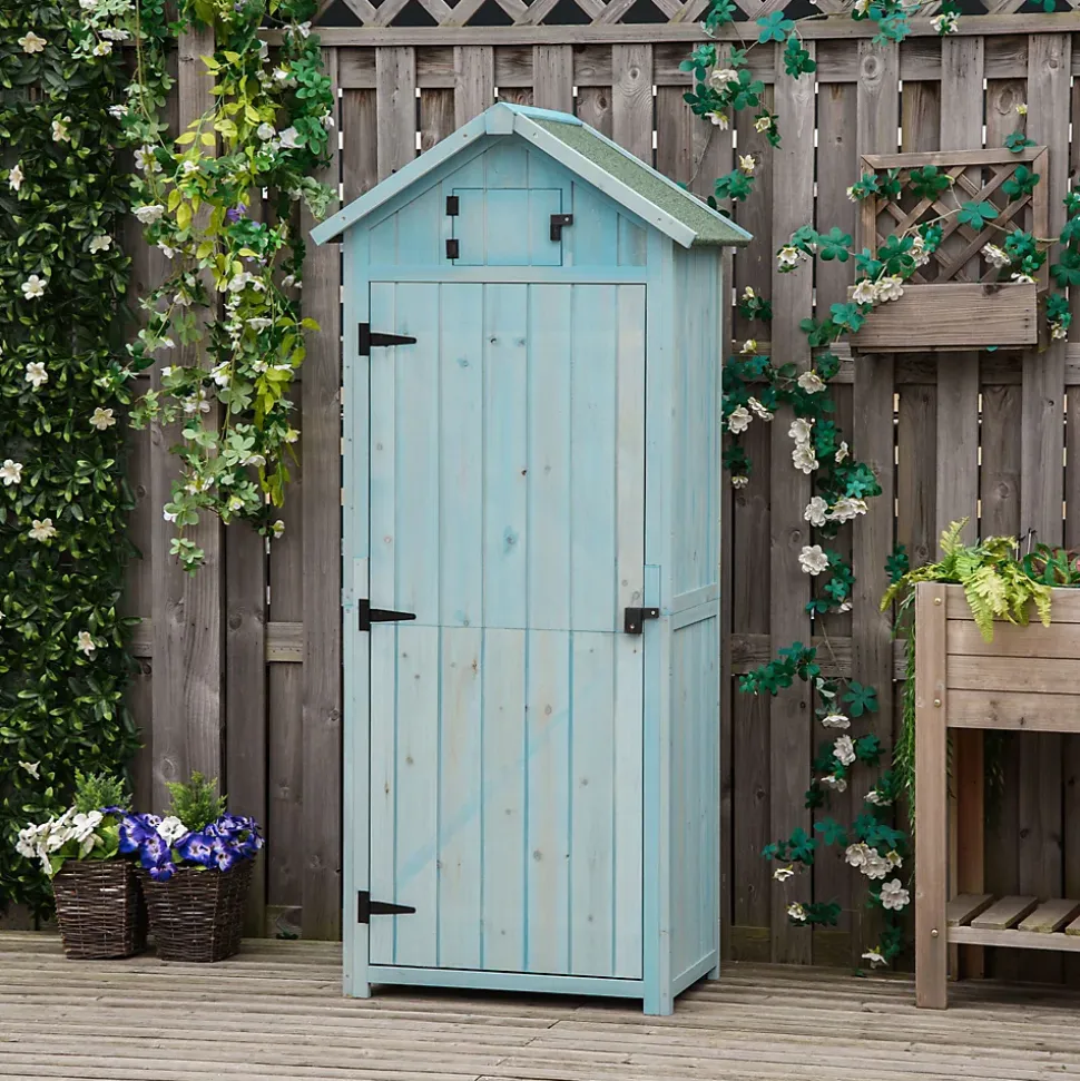 Armoire abri de jardin remise pour outils 3 étagères 2 portes loquets toit pente bitumé 77L x 54l x 179H cm sapin traité bleu
