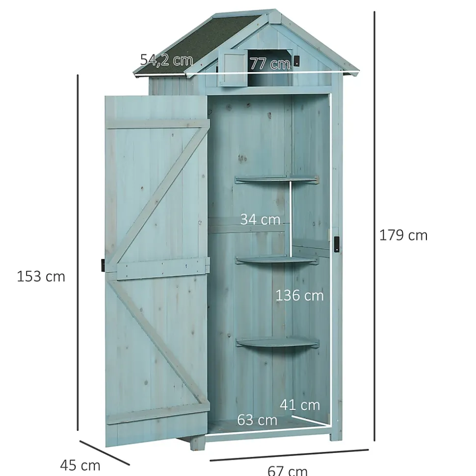 Armoire abri de jardin remise pour outils 3 étagères 2 portes loquets toit pente bitumé 77L x 54l x 179H cm sapin traité bleu