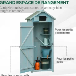 Armoire abri de jardin remise pour outils 3 étagères 2 portes loquets toit pente bitumé 77L x 54l x 179H cm sapin traité bleu