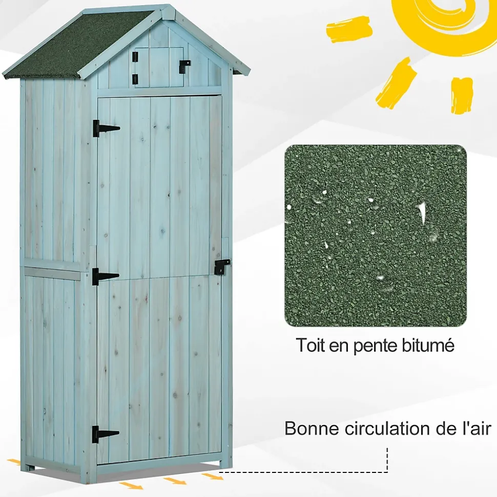 Armoire abri de jardin remise pour outils 3 étagères 2 portes loquets toit pente bitumé 77L x 54l x 179H cm sapin traité bleu