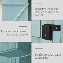 Armoire abri de jardin remise pour outils 3 étagères 2 portes loquets toit pente bitumé 77L x 54l x 179H cm sapin traité bleu