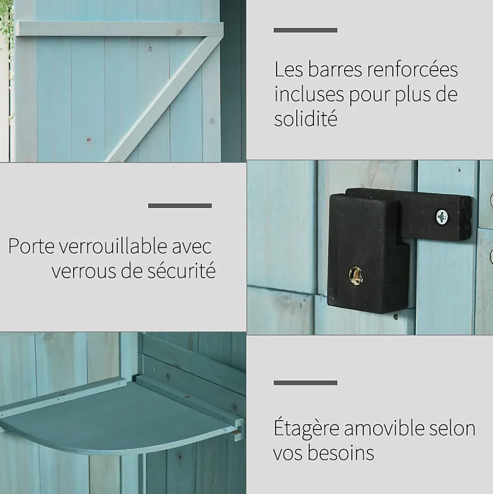 Armoire abri de jardin remise pour outils 3 étagères 2 portes loquets toit pente bitumé 77L x 54l x 179H cm sapin traité bleu