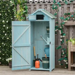 Armoire abri de jardin remise pour outils 3 étagères 2 portes loquets toit pente bitumé 77L x 54l x 179H cm sapin traité bleu