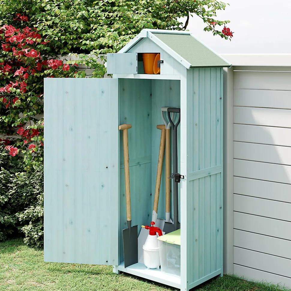 Armoire abri de jardin remise pour outils 3 étagères 2 portes loquets toit pente bitumé 77L x 54l x 179H cm sapin traité bleu