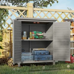 Armoire de jardin abri jardin sur pied dim. 87 x 46 x 96 cm étagère portes persiennes toit bitumé bois sapin autoclave gris
